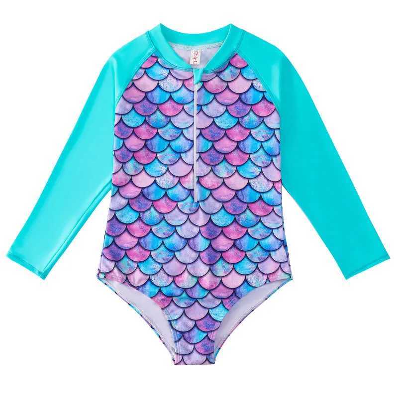 European American Sle Mermaid Swimsuit Baby Girls Long Sleeves One-piece Swimsuit Hot Spring Fish Scale Kids Swimsuit 4-12Y Z250214