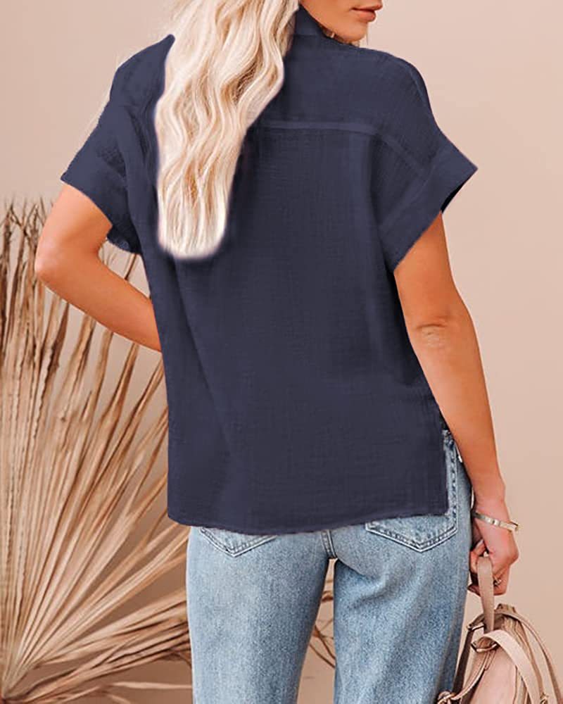 2025 summer new cotton and linen women's short sleeved casual side slit pocket shirt top