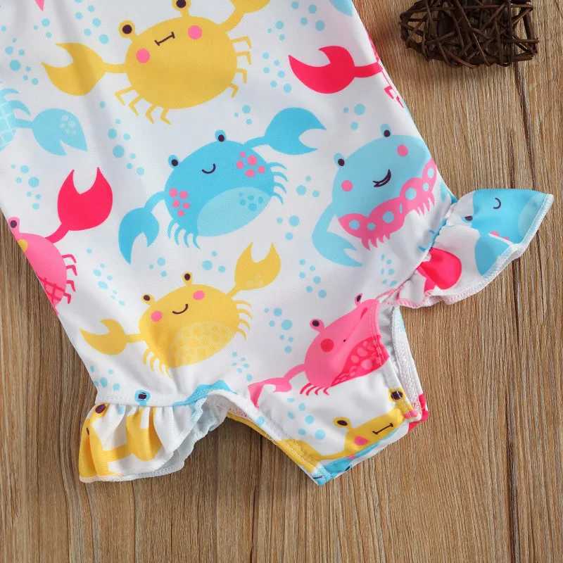 2023 Baby Swimwear Little Girls One-piece Swimsuit Summer Children Cute Crab/Donut Printing Sleeveless Swimwear for Vacation Z250214