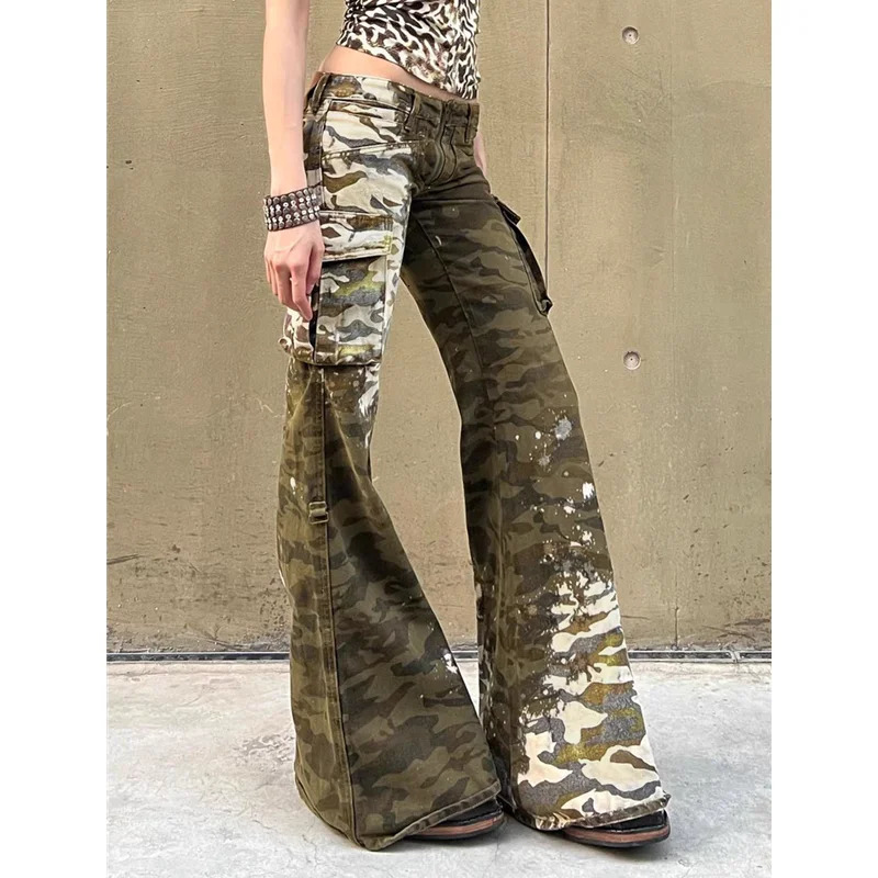 Camouflage Jeans Women Y2K Hip Hop Waisted Jeans Straight Streetwear Casual Loose Large Size Wide Leg Denim Pants 250213