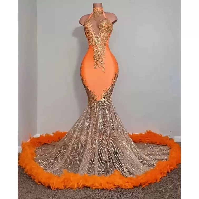 Black Girls Orange Mermaid Prom Dresses Satin Beading Sequined High Neck Feathers Luxury Skirt Evening Party Formal Gowns BC14825 0222