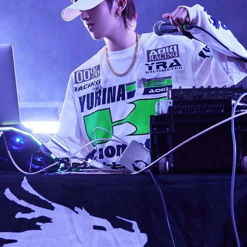 Dopamine Candy Colored Racing Printed Long Sleeve T-Shirt For Men And Women Round Neck Baggy Casual Autumn Top Tees Oversized