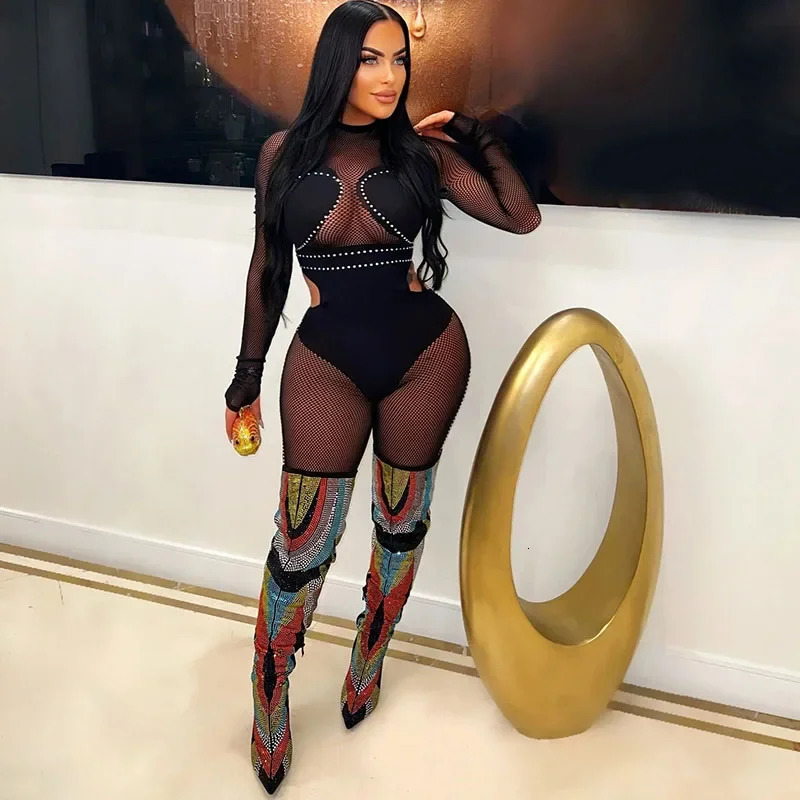 Sexy See Through Patchwork Mesh Jumpsuit Women Long Sleeve Hollow Out Skinny Night Club Outfits One Pieces Rompers Overalls Body 250213