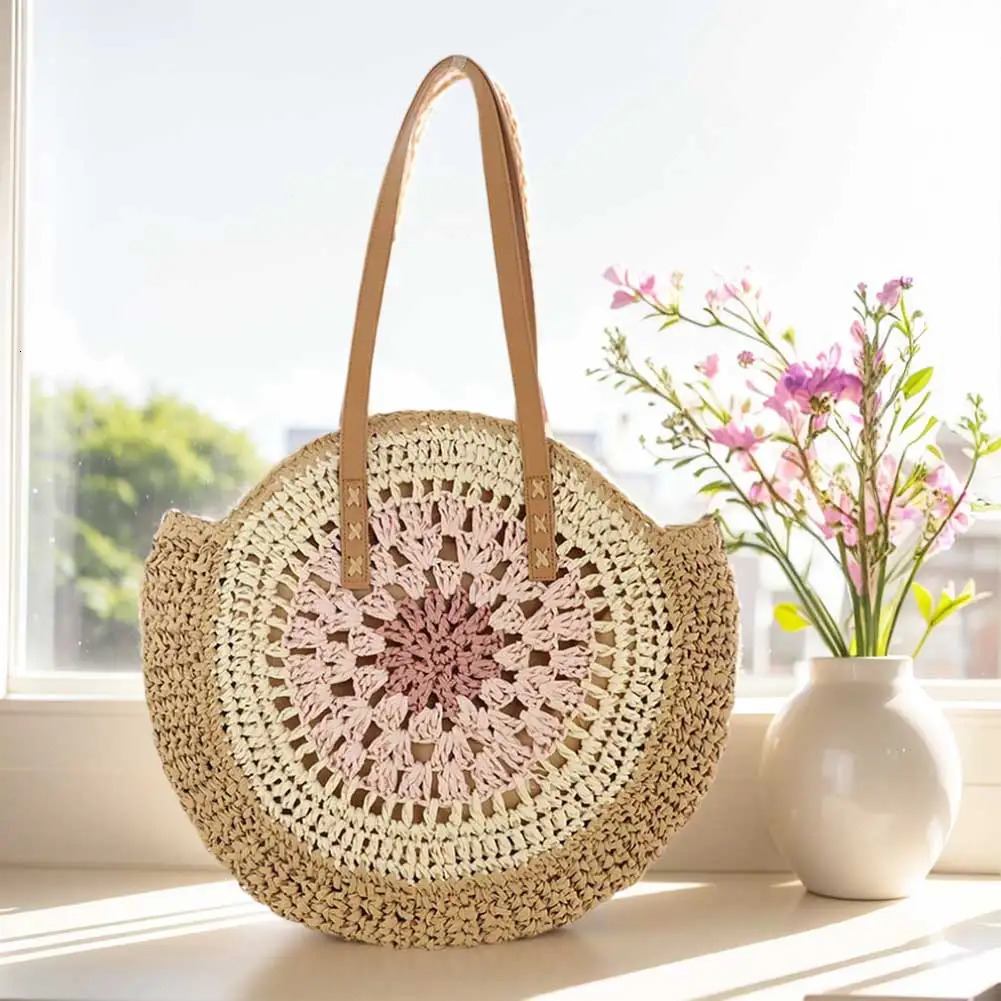 Round Casual Tote Bag with Zipper Closure Vacation Bag Trendy Large Woven Beach Bag Holiday Travel Handbag for Women and Girls 250207