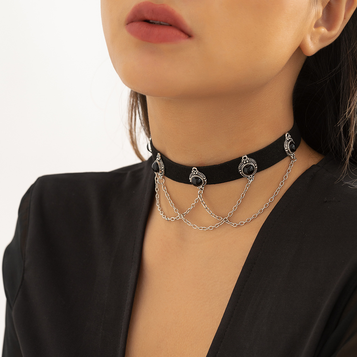 designer Woman Jewelry alloy sweet cool spicy girl choker collar black veet turquoise tassel necklace