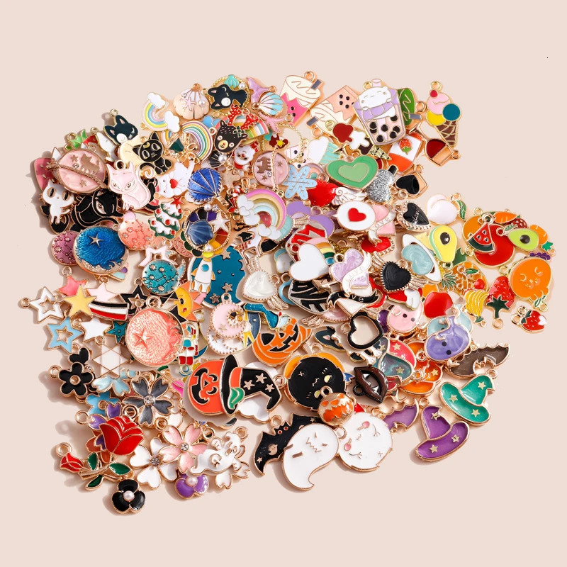 Leslie Bulk Sale 50/100pcs Enamel Cartoon Hearts Animal Charms Flowers Fruits Rainbow Pendants for DIY Jewelry Making Wholesale 250214