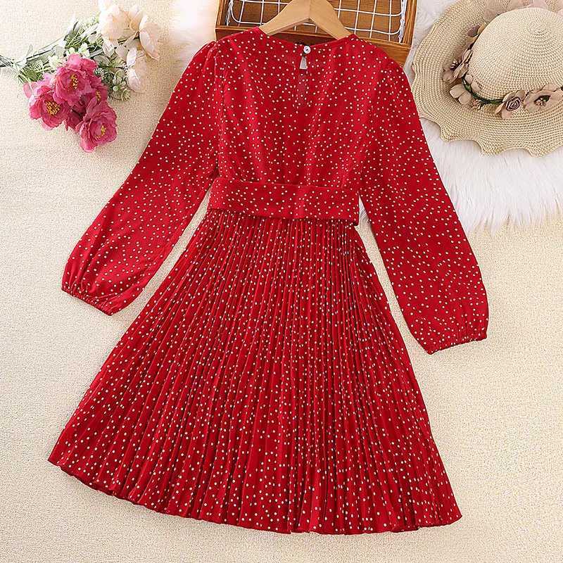 Laura Kors 2023 Winter New Girls Dress Long Sleeve O Neck Dot Sashes Red Girls Dress Vestido 8-12T Z250214