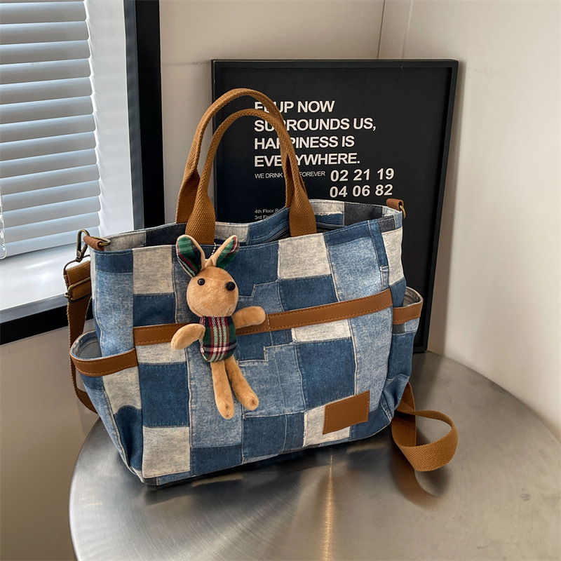 Bag Large Capacity Denim Canvas Tote Bag, Women's New Fashionable And Versatile Single Shoulder Ins Stylish Splicing Crossbody Bag