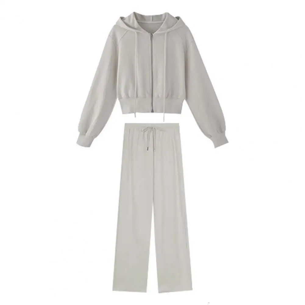Hooded Sweater Wide-leg Pants Two-piece Suit Women Zipper pocket Lace Up Pant Set Spring Summer Lady Sports Casual Outfit 250210