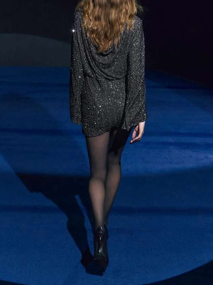 2025 Autumn Winter New Arrivals Women's Collection Sequined Backless Long Sleeve Short Dress