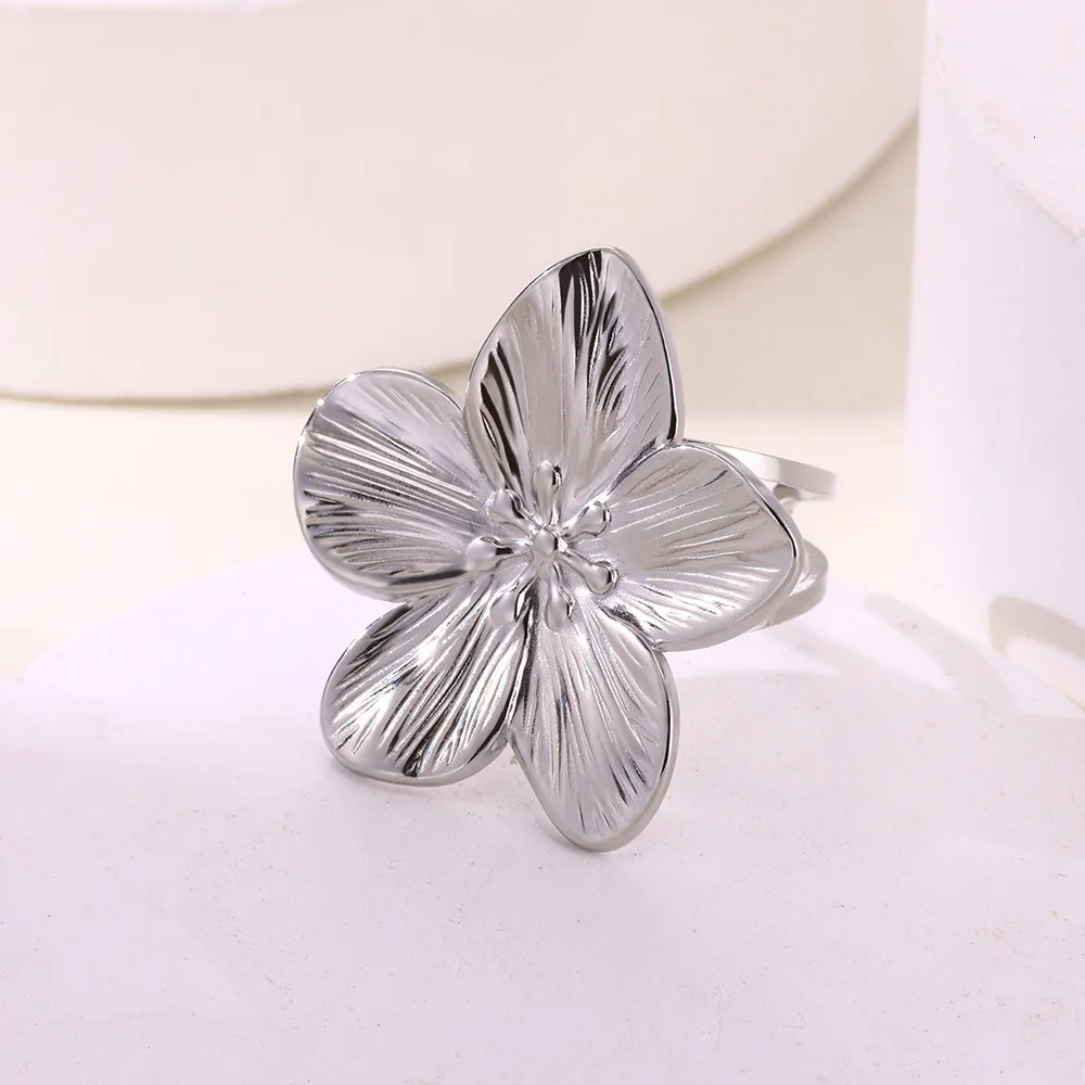 Elegant Stainless Steel Big Bloom Flower Rings For Women Gold Color Sun Starfish Open Ring Finger Jewelry Wedding Her Gift Punk 250213
