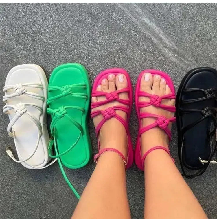 Women Sandals Bohemian Style One Line Buckle Summer Sandals Flat Heels Shoes For Women Platform Weaving Beach Sandals Footwear 250122