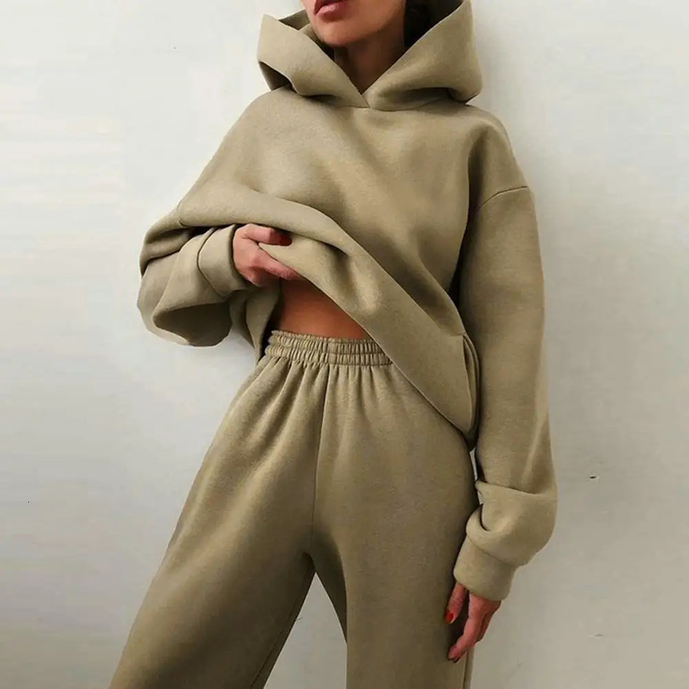 Women Winter Fall Tracksuit Suit Hoodie Pants Set Loose Soft Casual Warm Elastic Waist Pockets Thick Jogging Top Trousers Set 250210