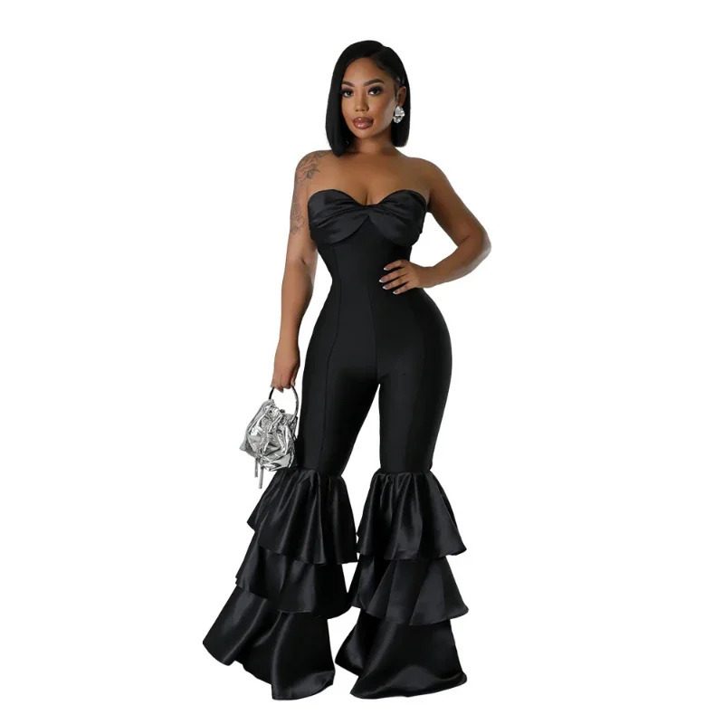 Jumpsuits Strapless Women Sleeveless Sexy Rompers One Piece Overalls Slim Fit Long Pant Ruffles Patchwork Elegant Lady 250213