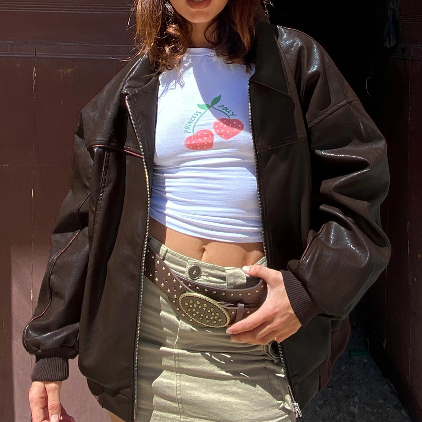 Women Pu Leather Biker Jacket Fashion Casual Long Sleeves Zip up Outwear Autumn Winter Oversized Jacket Coats Streetwear 250213