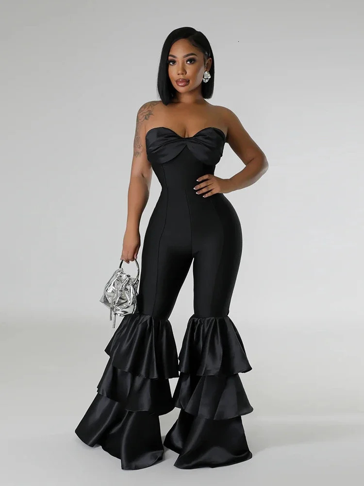 Jumpsuits Strapless Women Sleeveless Sexy Rompers One Piece Overalls Slim Fit Long Pant Ruffles Patchwork Elegant Lady 250213