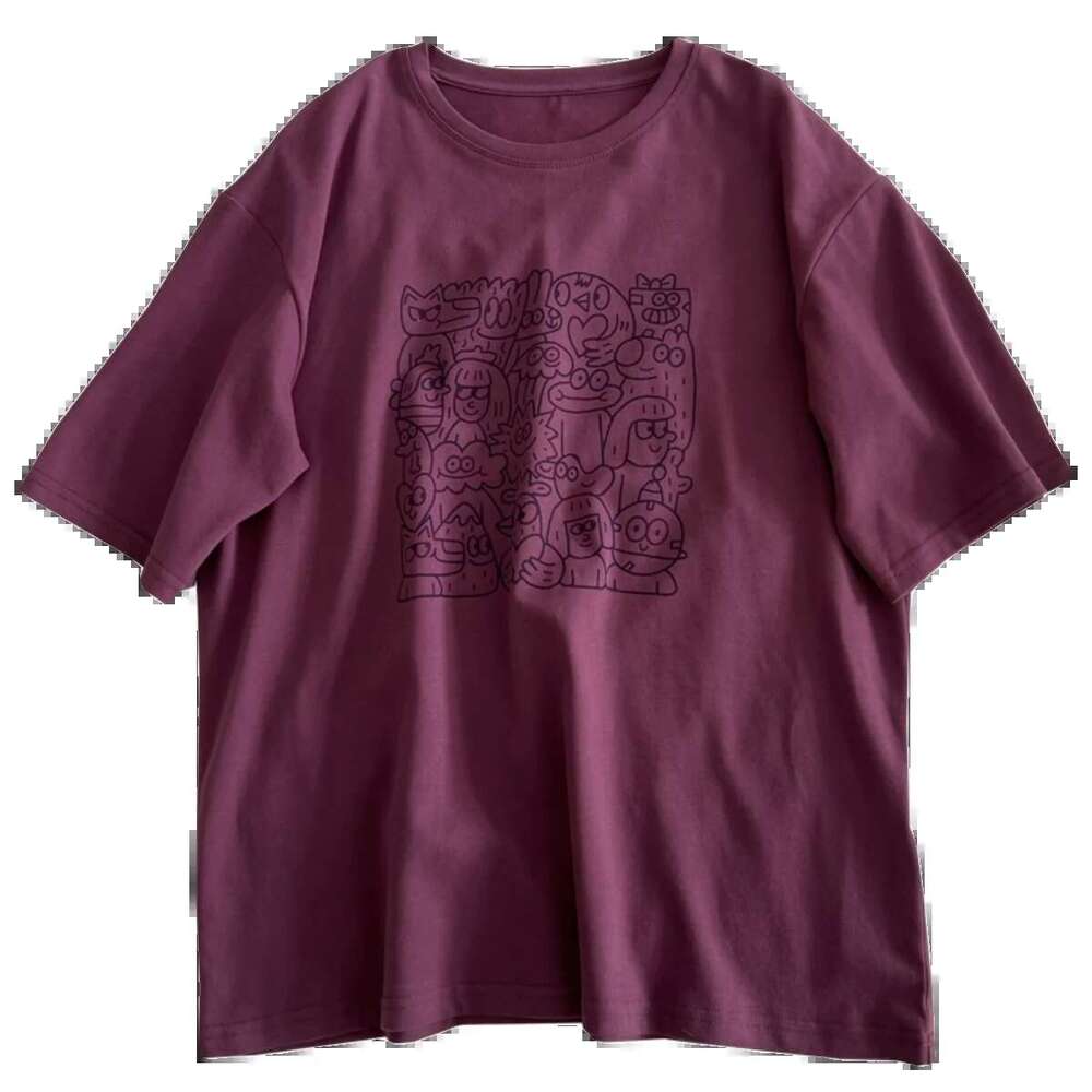 Purple Red Cute Cartoon Print Round Neck Short Sleeved T-Shirt For Women Loose Fitting And Slimming