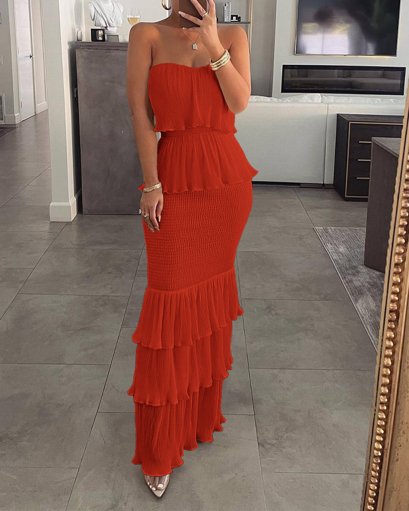 2024 Fashionable and Sexy Womens Solid Color Sleeveless Skirt with Straightening Embracing and Folded Ruffle Edge Long Dress for Women