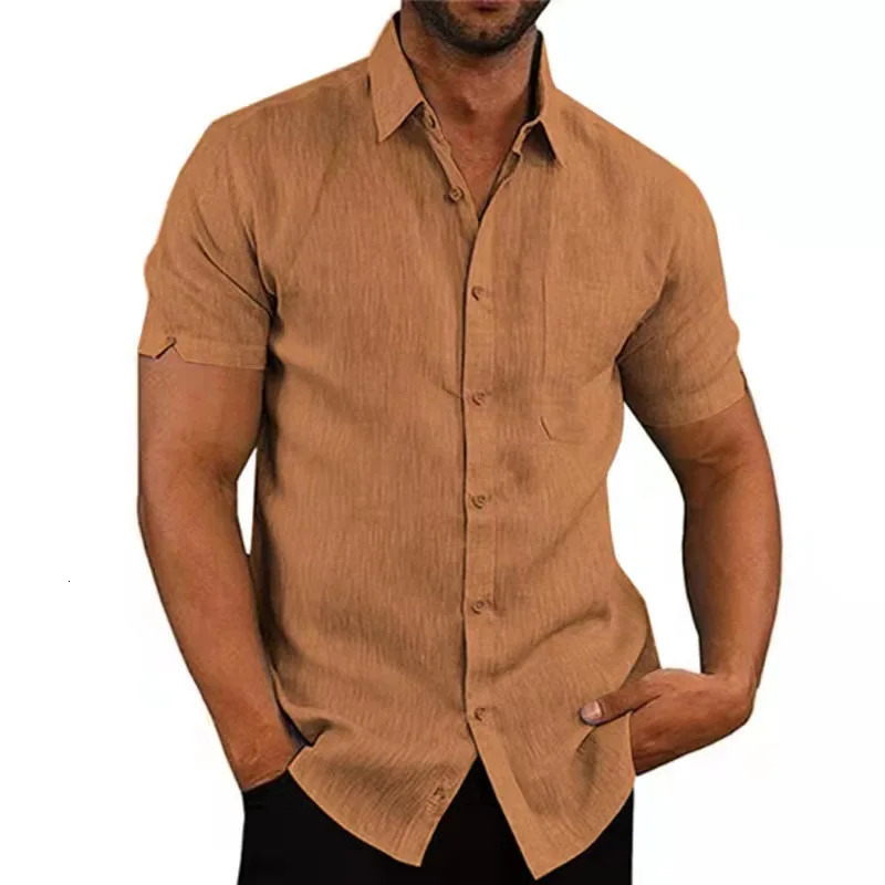 Summer Cotton Linen Shirts For Men Casual Short Sleeved Shirts Blouses Solid Turn-Down Collar Formal Beach Shirts Male Clothing 250122