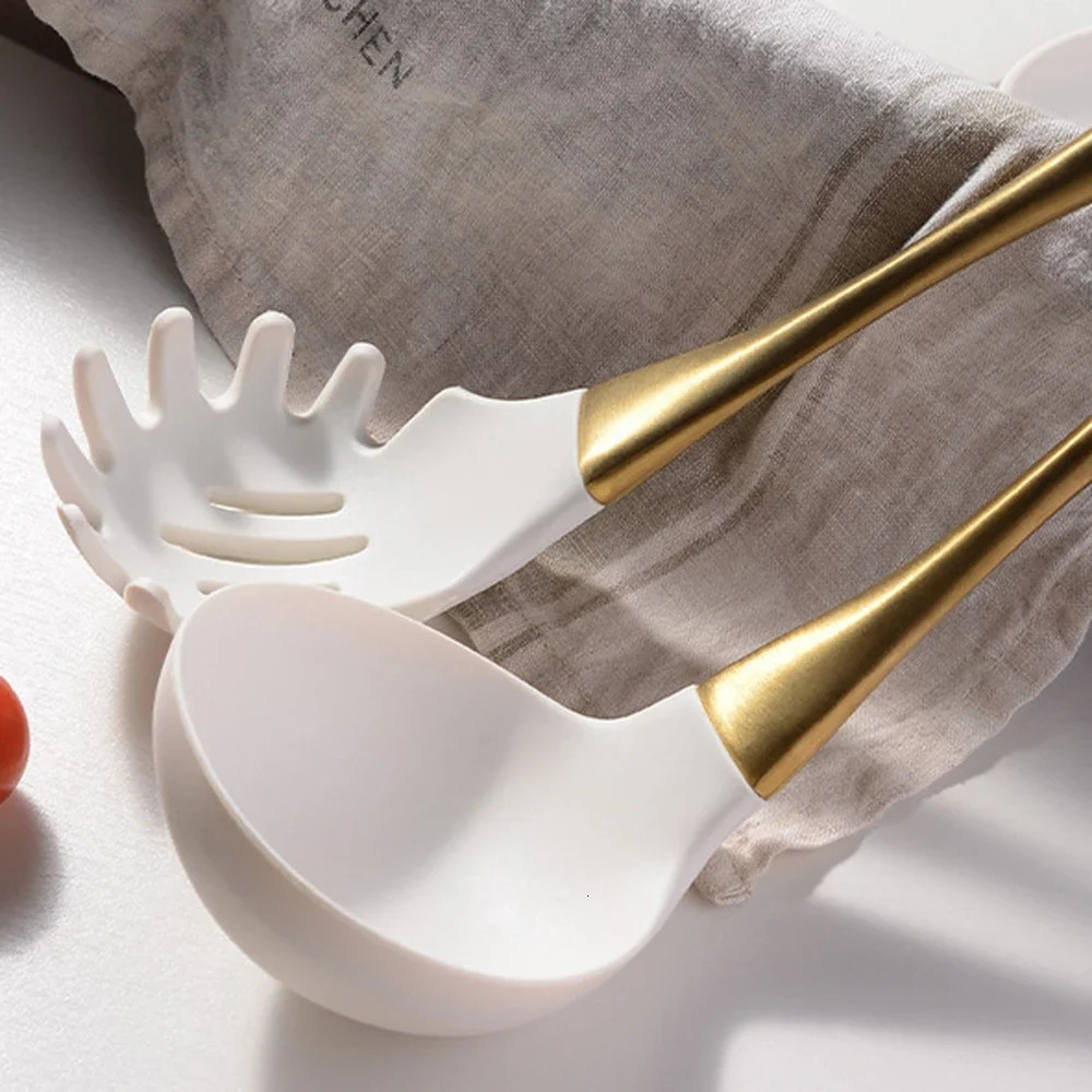 1Pc Silicone Kitchenware Cooking Utensils White Gold Kitchen Accessories Spatula Turner Heat-resistant Pasta Colander Shovel 250214
