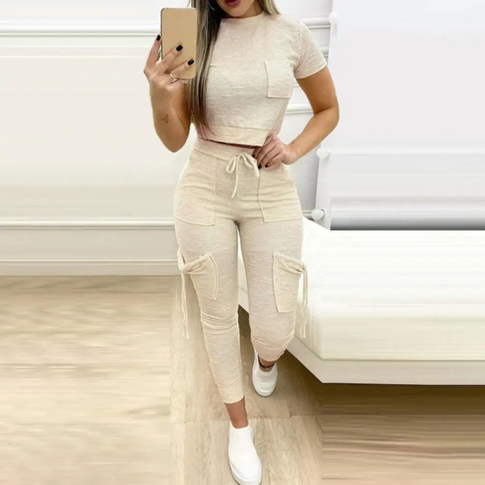 Women Sportswear Pocket Drawstring Matching Set Multicolor Slim Short Top Pencil Pants Ladies Outfit Summer Loungewear Suits 250210