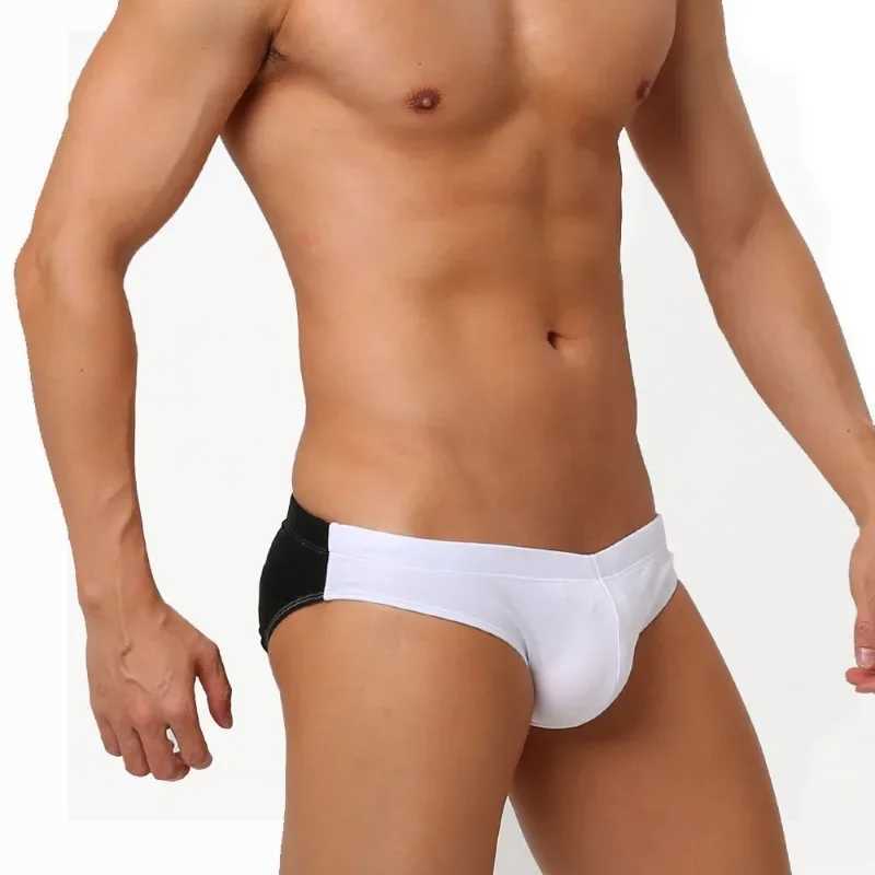 Mens Quick Dry Swim Briefs Black White Color Blocking with Pocket Swim Trunks Swimwear Surf Bathing Suit Beach Shorts W250214