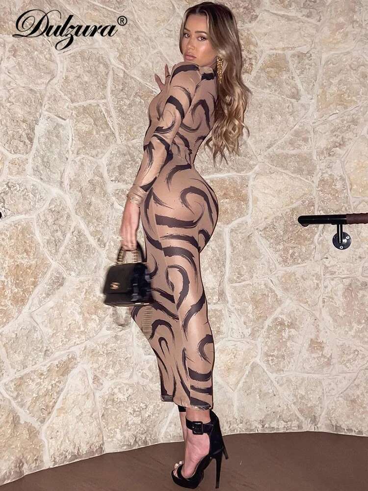 Dulzura Printing Midi Dress Long Sleeve Mesh See Through Women Dresses Sexy Y2k Clothes Party Club Streetwear Holiday Outfits