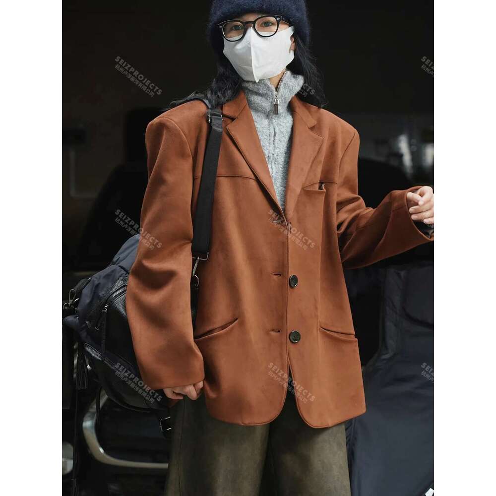 Winter Curved Pocket Oversized Blazer Suede Jacket Brown Green Loose Straight Coat For Women