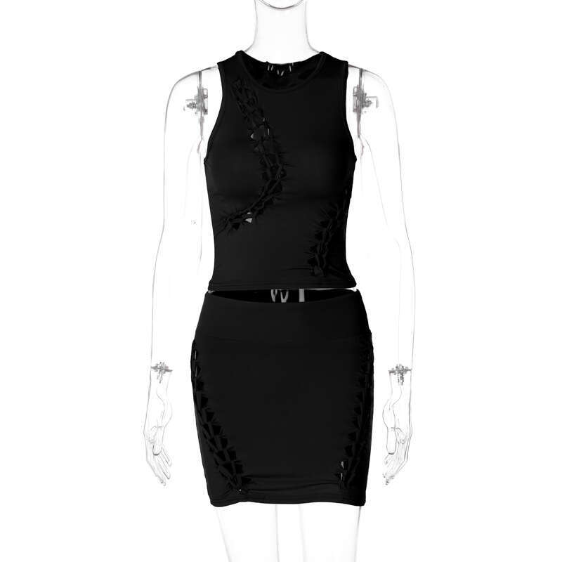 European and American style women's spring/summer product fashionable solid color hollow out round neck sleeveless top slim fit skirt set 2025 te