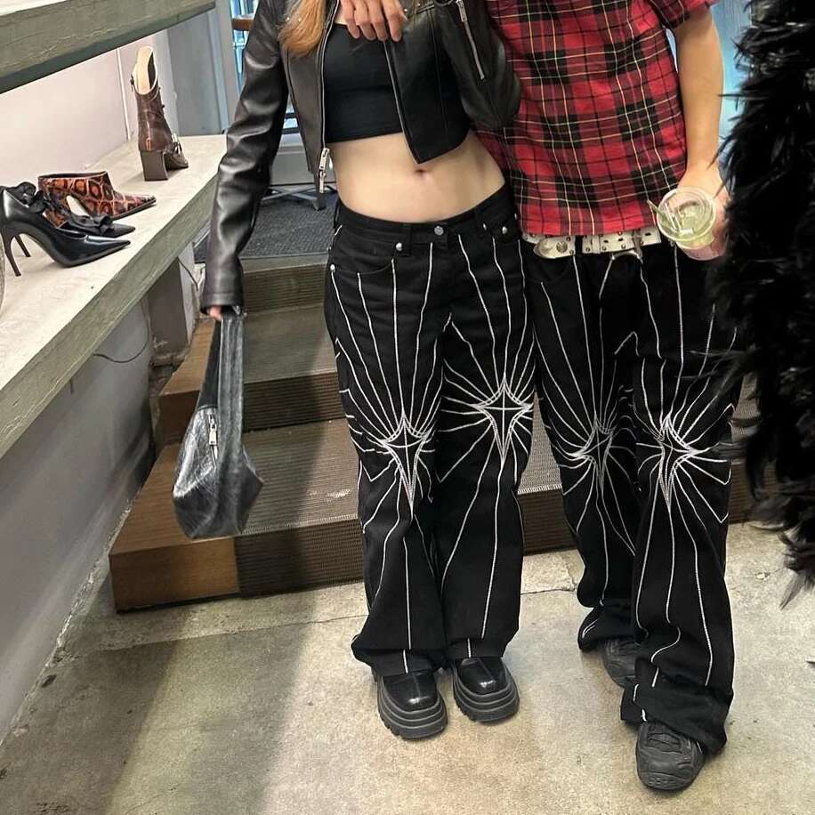 Streetwear Spider Web Embrodiery Black Jeans For Men And Women Ropa Hombre Baggy Denim Trousers Loose Cargo Pants