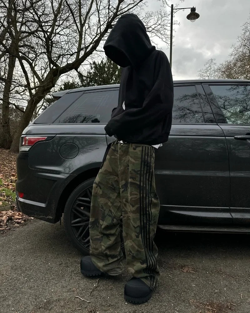 Y2k street striped camouflage men jeans Goth trend hip hop wide leg pants couple fashion casual loose straight pants 250213