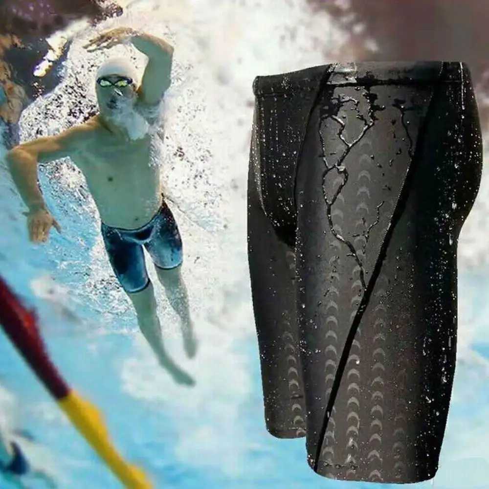 Mens beach swimming pool waterproof swimsuit fifth swimming rod shark skin pattern breathable sports training swimming shorts L-4XL W250214