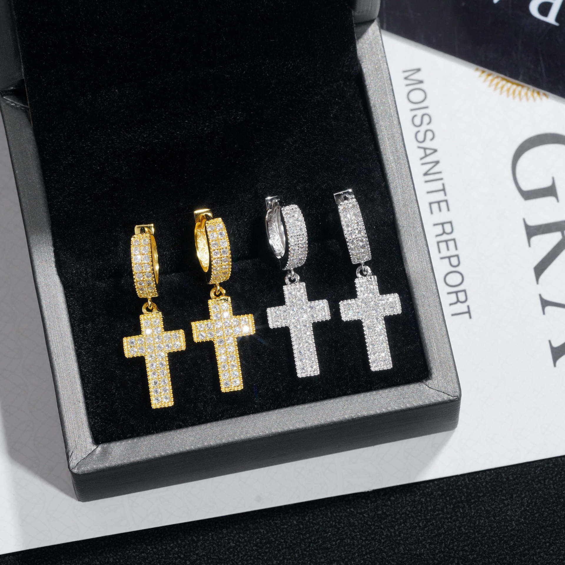 Diamond Hair Jewelry New Mens and Womens Cross Earrings S925 with Moissan Hip Hop Silver Earrings