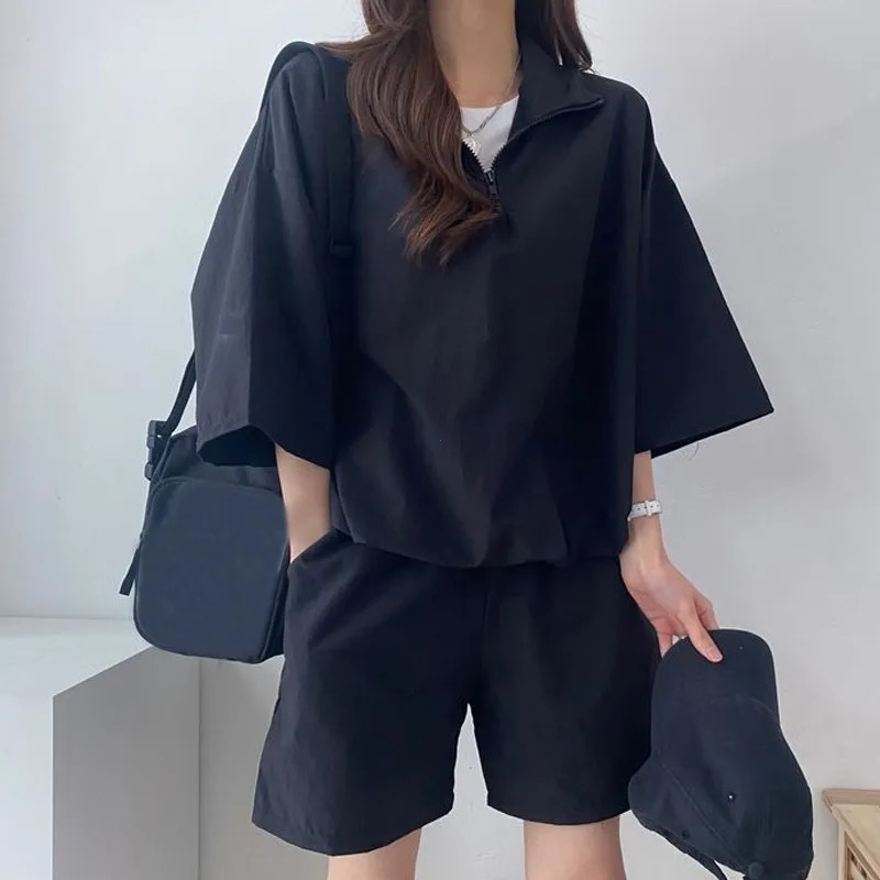 Short sleeve Shorts Women clothes Two-piece Set Plus size Turtleneck Zip-up Spring Summer Fashion Casual Sweatshirt Set Loose 250210