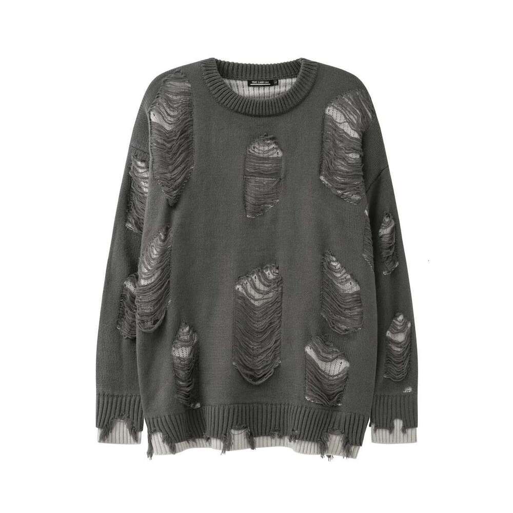 Frayed Hole Double Wear Oversized Pullover Sweater Men's Autumn And Winter Crew Neck Ripped Casual Couple Knitted Sweaters