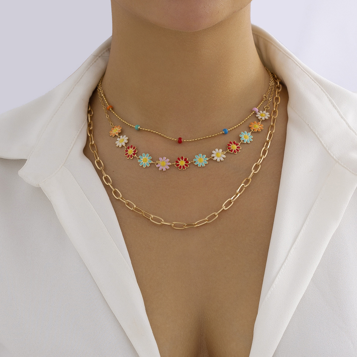 women fashion Jewelry minimalist ethnic style colorful small daisy trendy hip-hop metal necklace