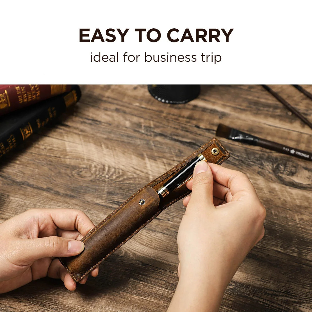 Handmade Cowhide Pen Holder For 1 2 3 Pens Crazy Horse Leather Pencil Case Pouch Storage Bag Stationery School Office Supplies 250210