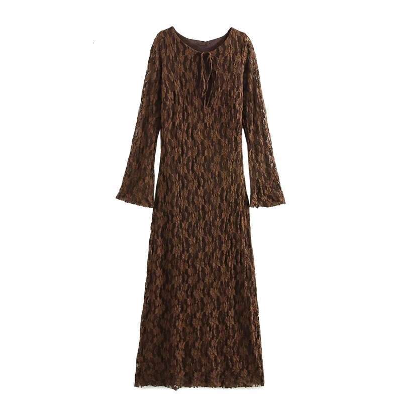 Maxdutti Minimalist V-Neck Party Retro Brown Lace Women Fashion Ladies Elegant Slim Fit Casual Dress