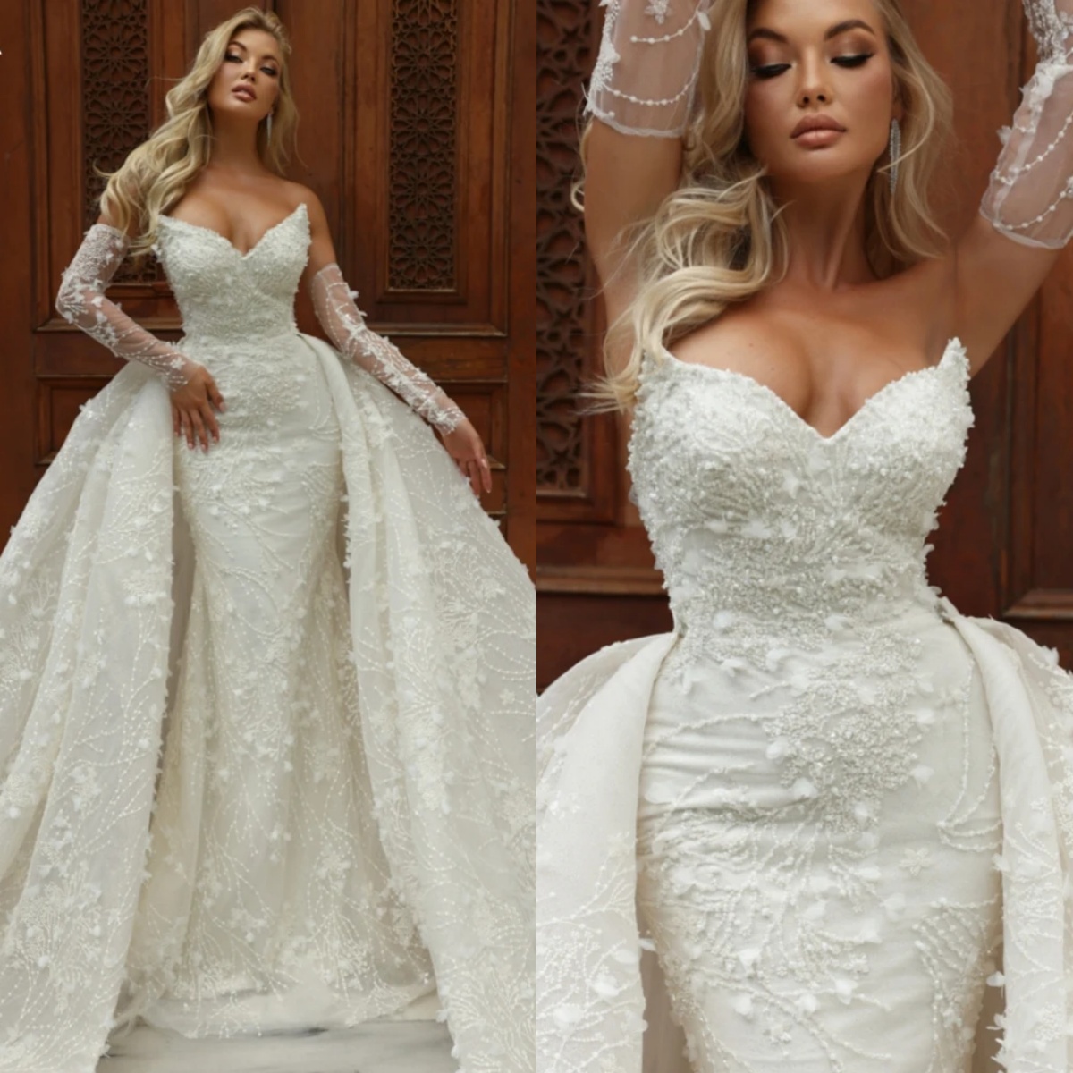 Classic Mermaid Wedding Dress Sweetheart Neck Removable Sleeves Bridal Gowns Appliques Detachable Train Dresses Custom Made vestidos de novia