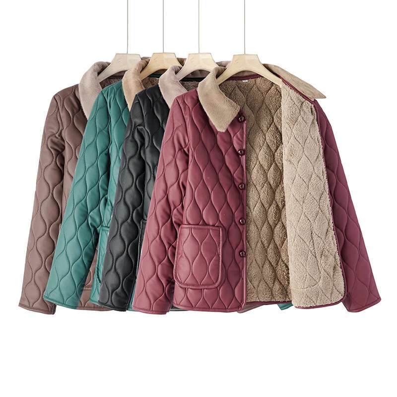 Women Lapel Jackets Winter Plus Size Cotton Thick Windproof Parka Coat Pockets Buttons Short Plush Waterproof Outerwear