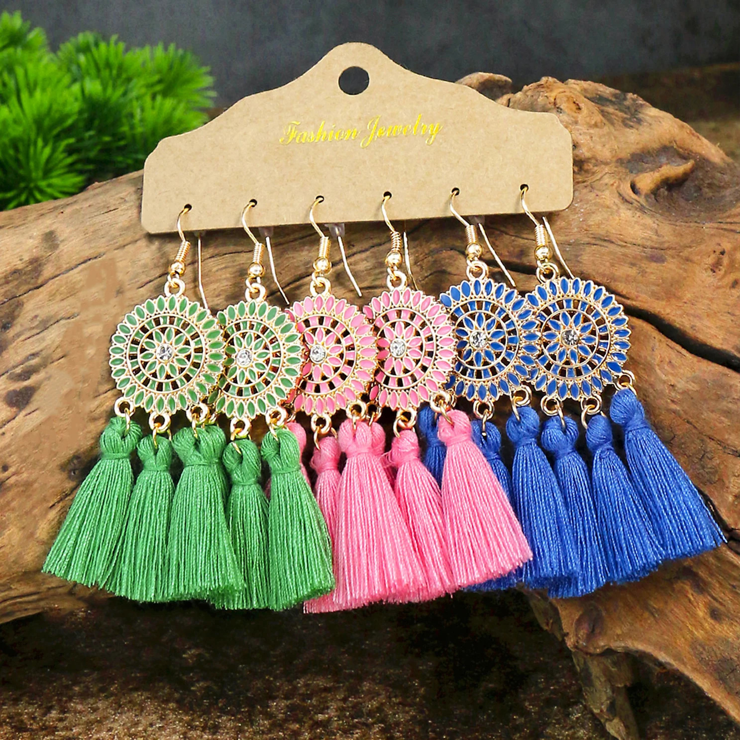 Bohemian vacation style womens earring set with colorful tassel rhinestone inlaid circular earrings style jewelry gift 250110