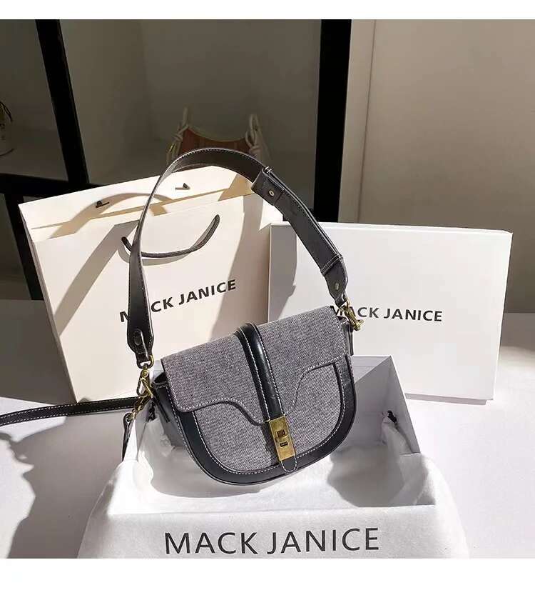 Autumn Winter Denim Textured Leather Half Moon Women's Handbag Fashion Shoulder Messenger Lady Purse Female Casual Bag