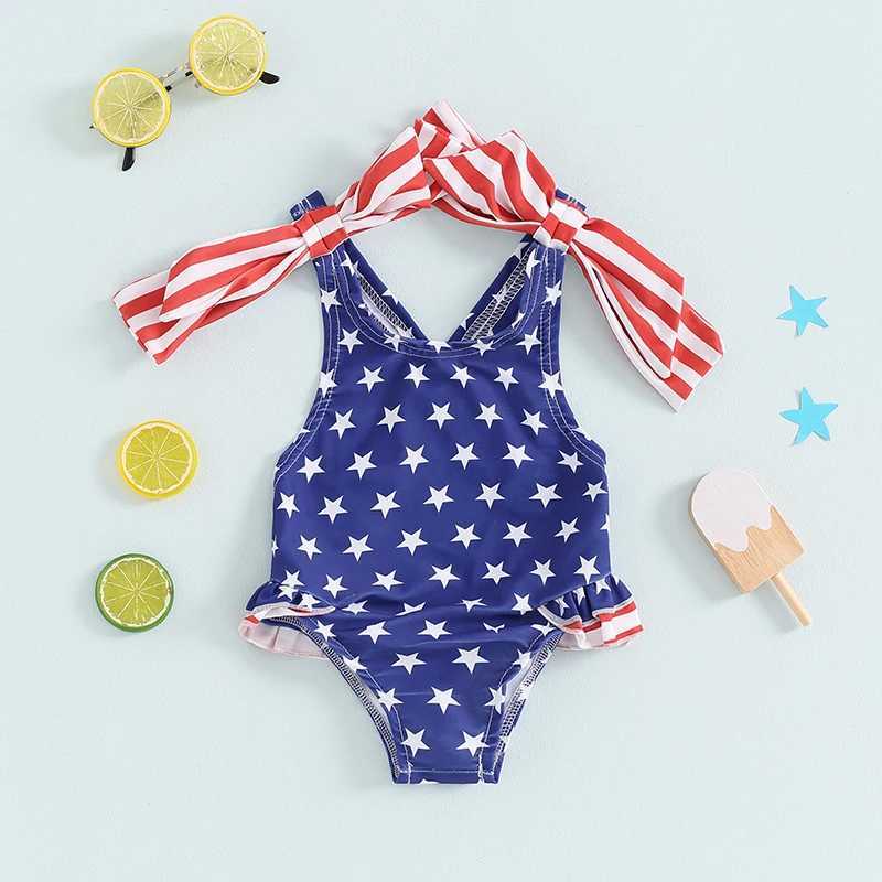 2-6T Toddler Kids Girls Swimsuit Floral/Stars Print Bowknot Beachwear Sleeveless Ruffles Summer Beach Bathing Suit Z250214