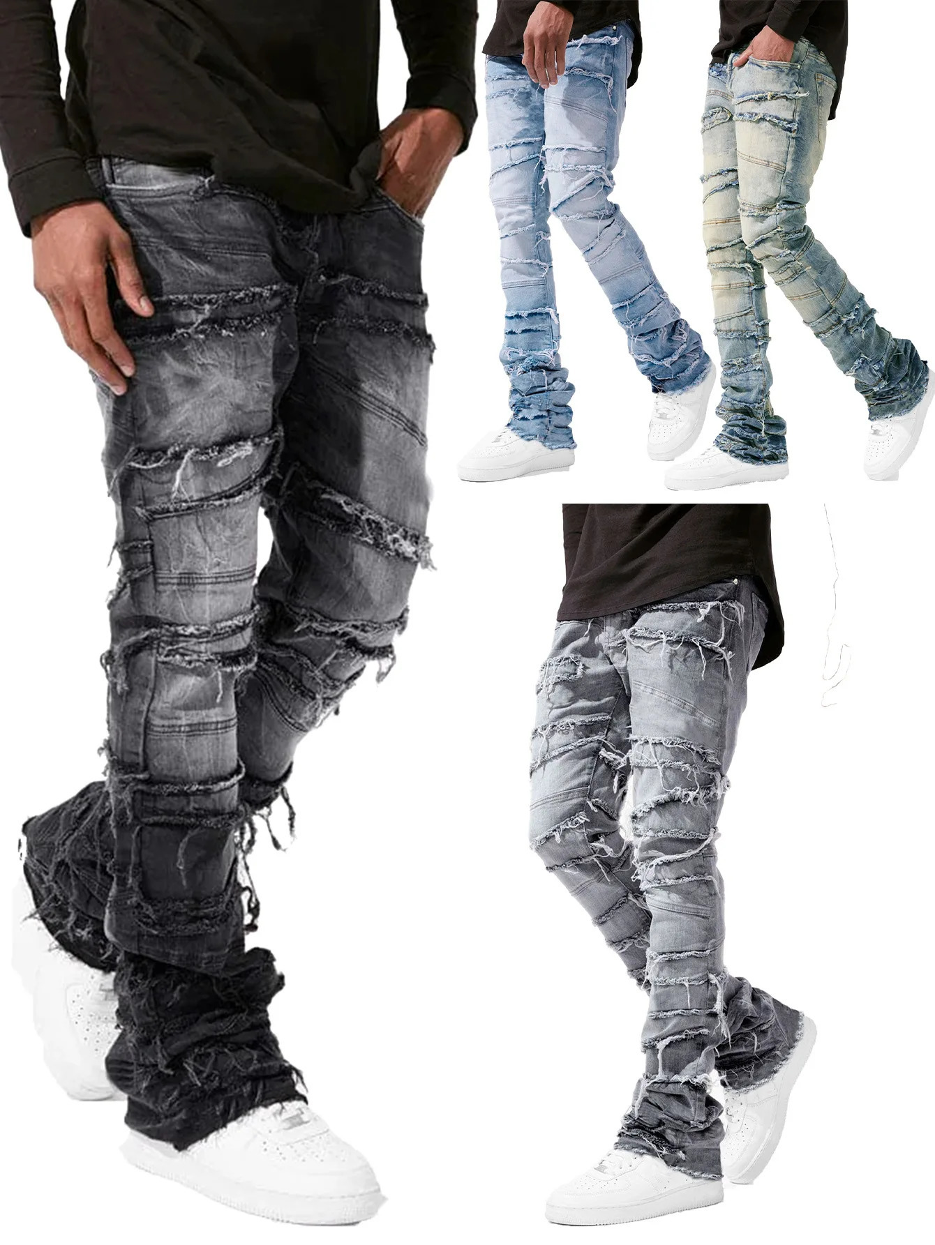 Stacked Jeans Men Patchworks Spliced Denim Ripped Wash Frayed Pants Males Streetwear 250210