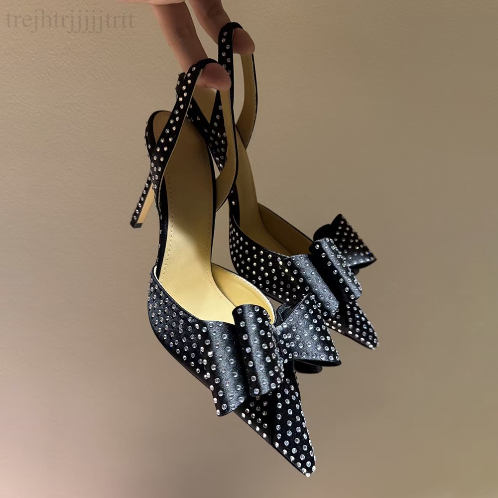 Womens slingbacks sandal Stiletto Heel Dress Shoes Hot pressed crystal lace high heels Silk Bow pointed toe Evening shoes luxury designer high heels