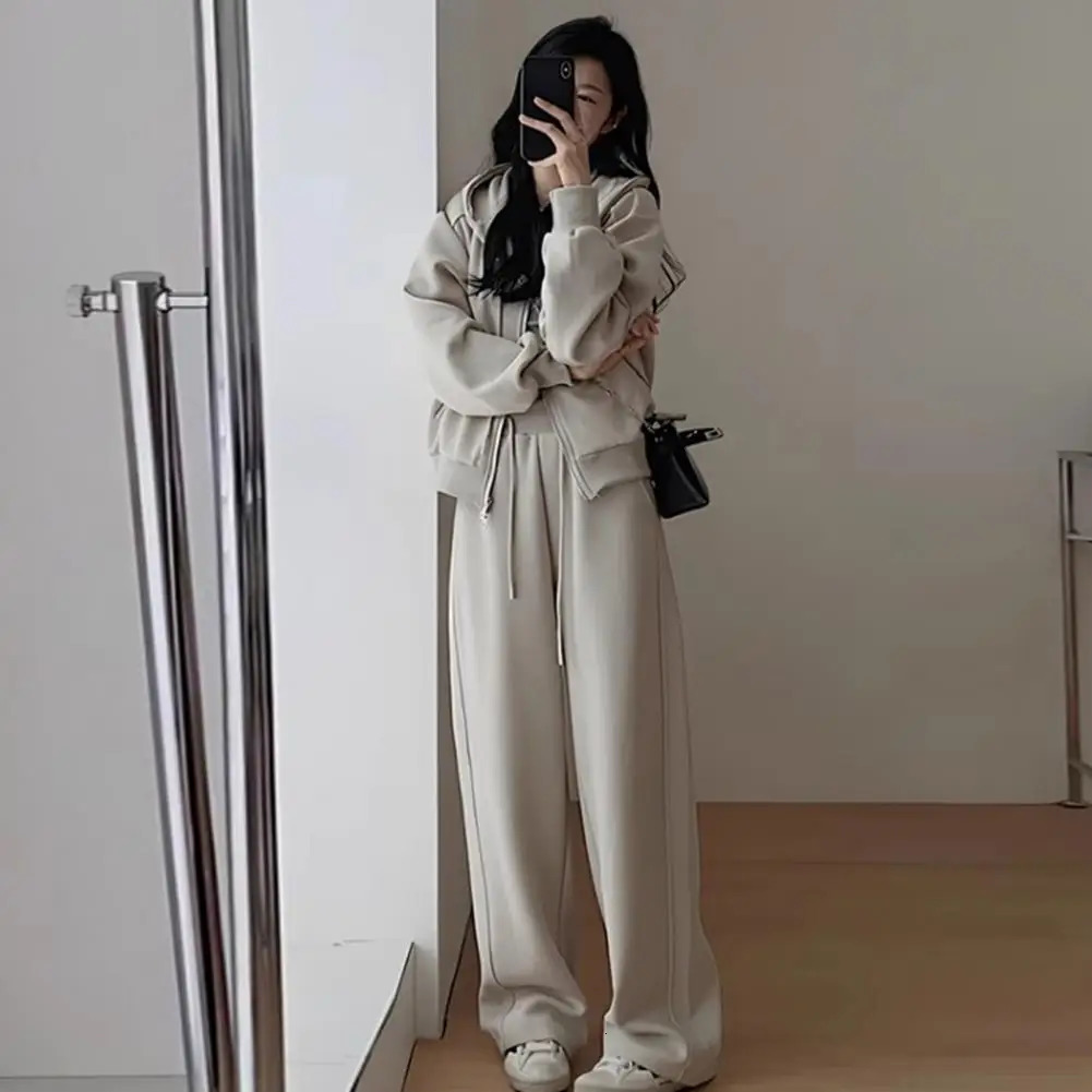 Hooded Sweater Wide-leg Pants Two-piece Suit Women Zipper pocket Lace Up Pant Set Spring Summer Lady Sports Casual Outfit 250210