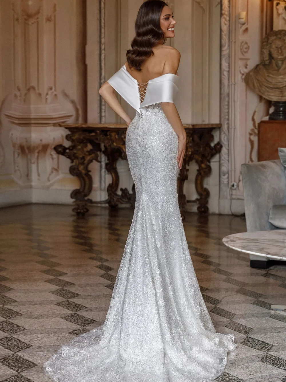 Elegant Mermaid Wedding Dresses For Women Off Shoulder Sleeveless Gown Sequins Detachable Train Customized Dress Party Custom Made vestidos de novia