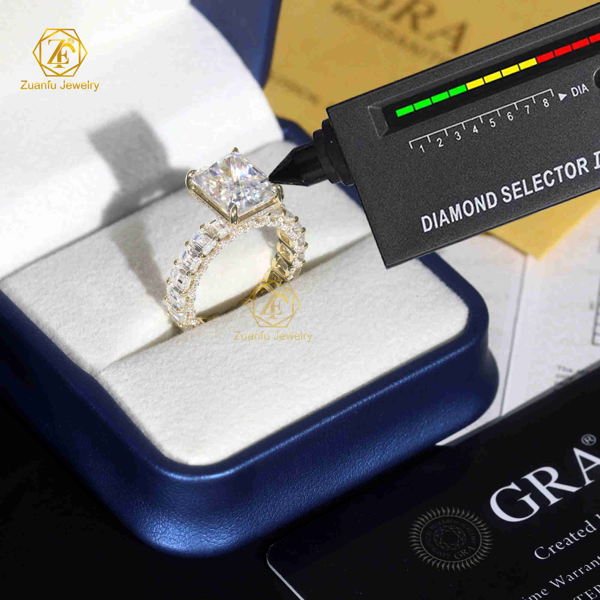 14K Solid Gold Moissanite Diamond Design 9x11mm Radiant Cut and 3x4mm Emerald Cut Full Band Wedding Engagement Ring