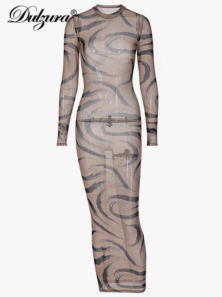 Dulzura Printing Midi Dress Long Sleeve Mesh See Through Women Dresses Sexy Y2k Clothes Party Club Streetwear Holiday Outfits