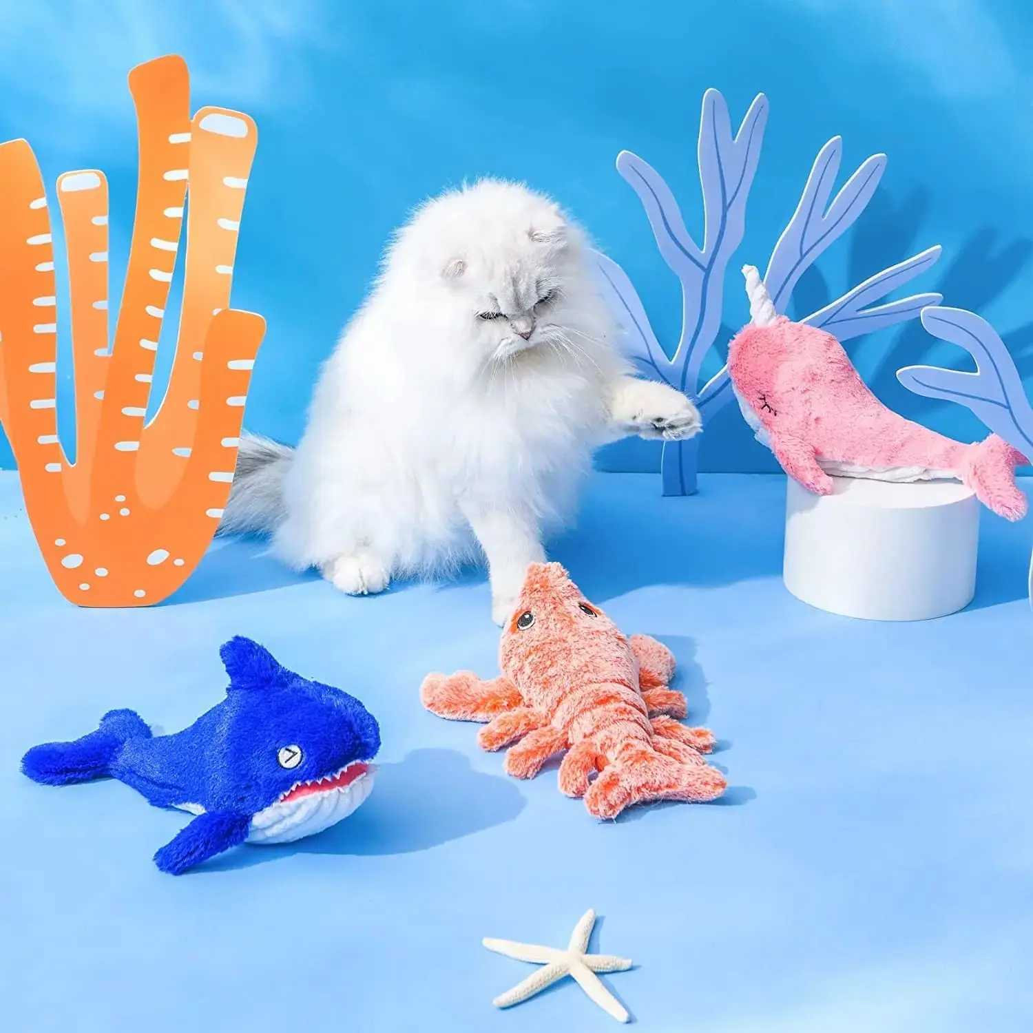 Animal Electric Jumping Shrimp Cat Lobster Washable Stuffed Toys Vibration Sensor Cats Toy Pet Dog TeasingT250214